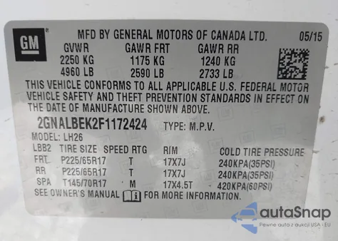 2015 Chevrolet Equinox 1Lt из США, поврежденный, VIN 2GNALBEK2F1172424